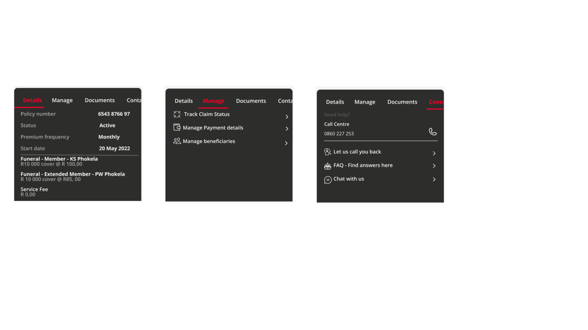 Absa Life FAQ Chatbot — Account page entry points — Details, Manage, Documents, Contact