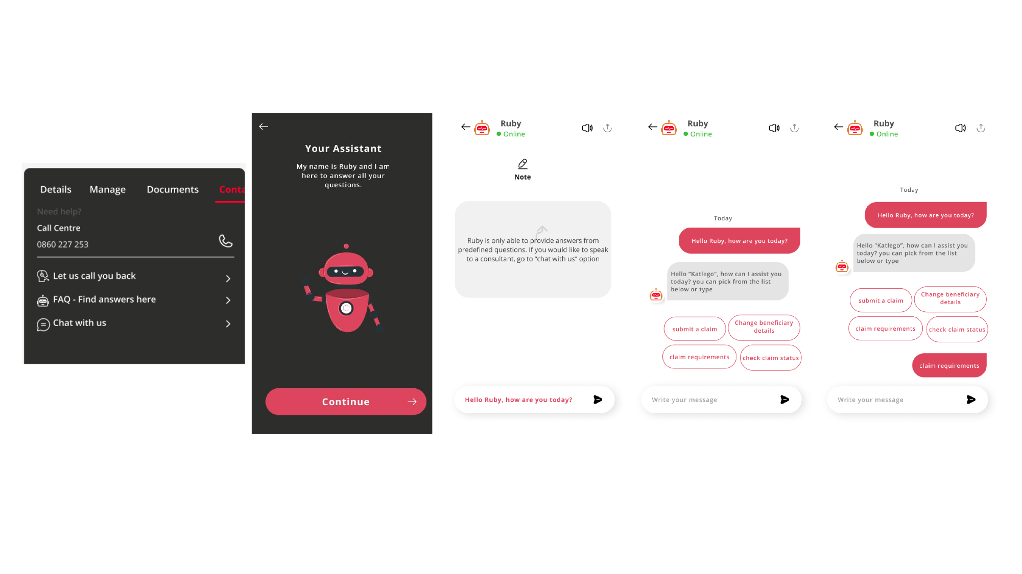 Absa Life FAQ Chatbot — Ruby welcome + assistant menu
