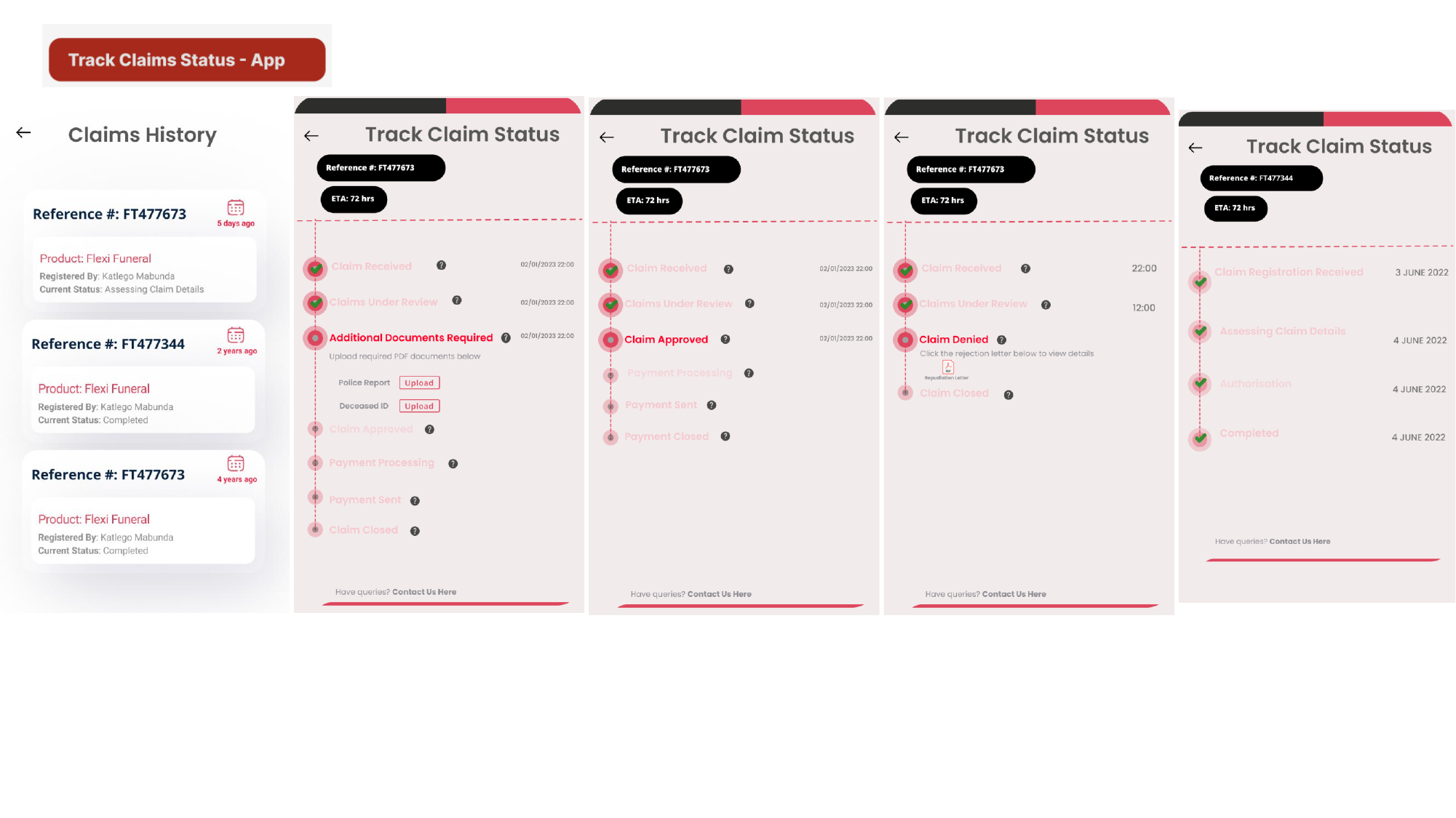 Absa Life Claims Tracker — App — Claims history + timeline states