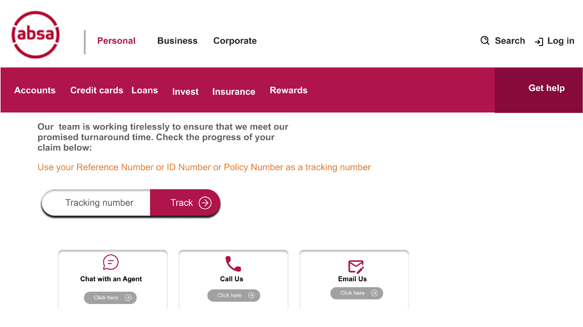 Absa Life Claims Tracker — Web — Tracking entry — Chat with Agent / Call Us / Email Us fallbacks
