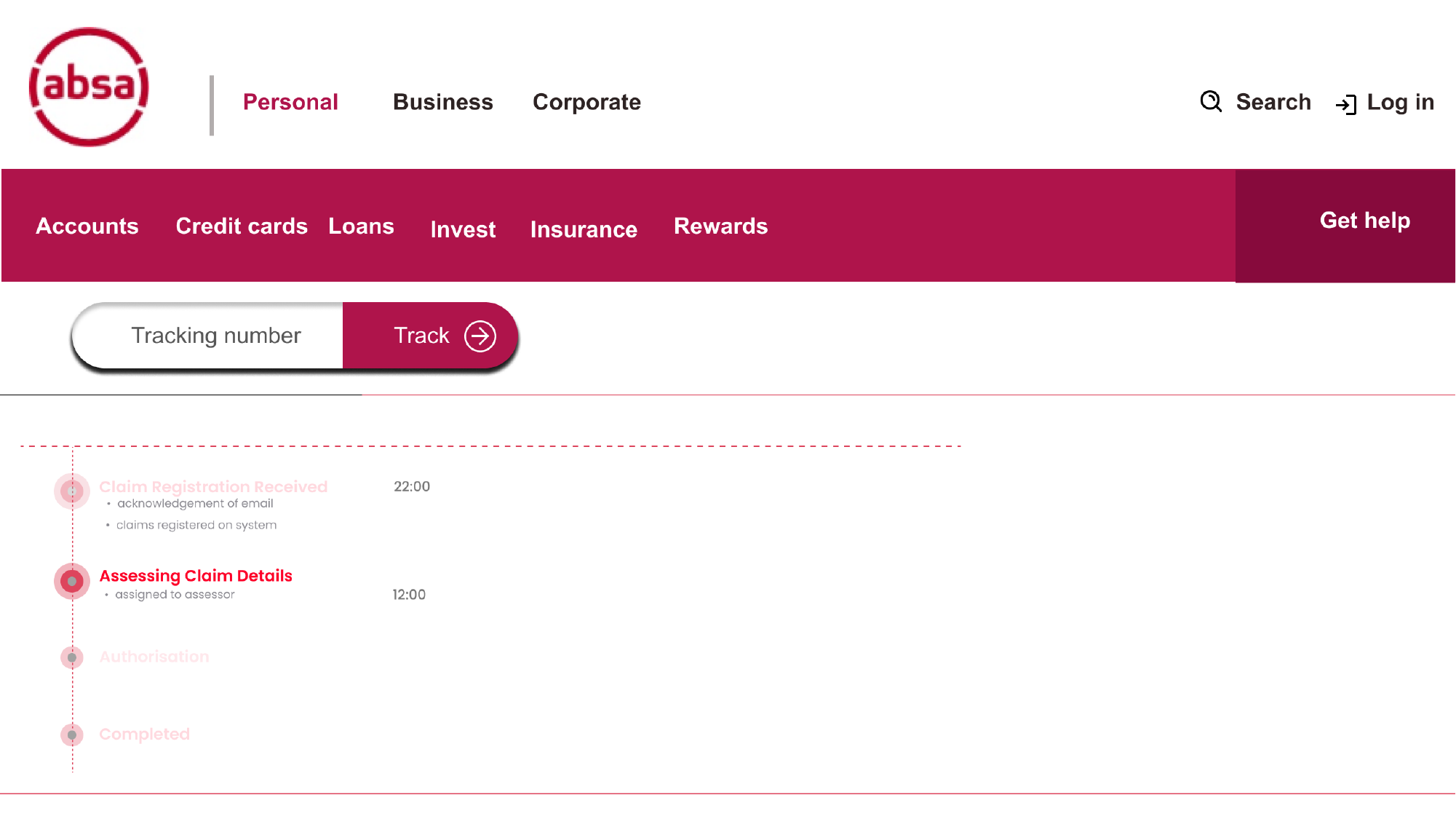 Absa Life Claims Tracker — Web — Tracking number + status timeline