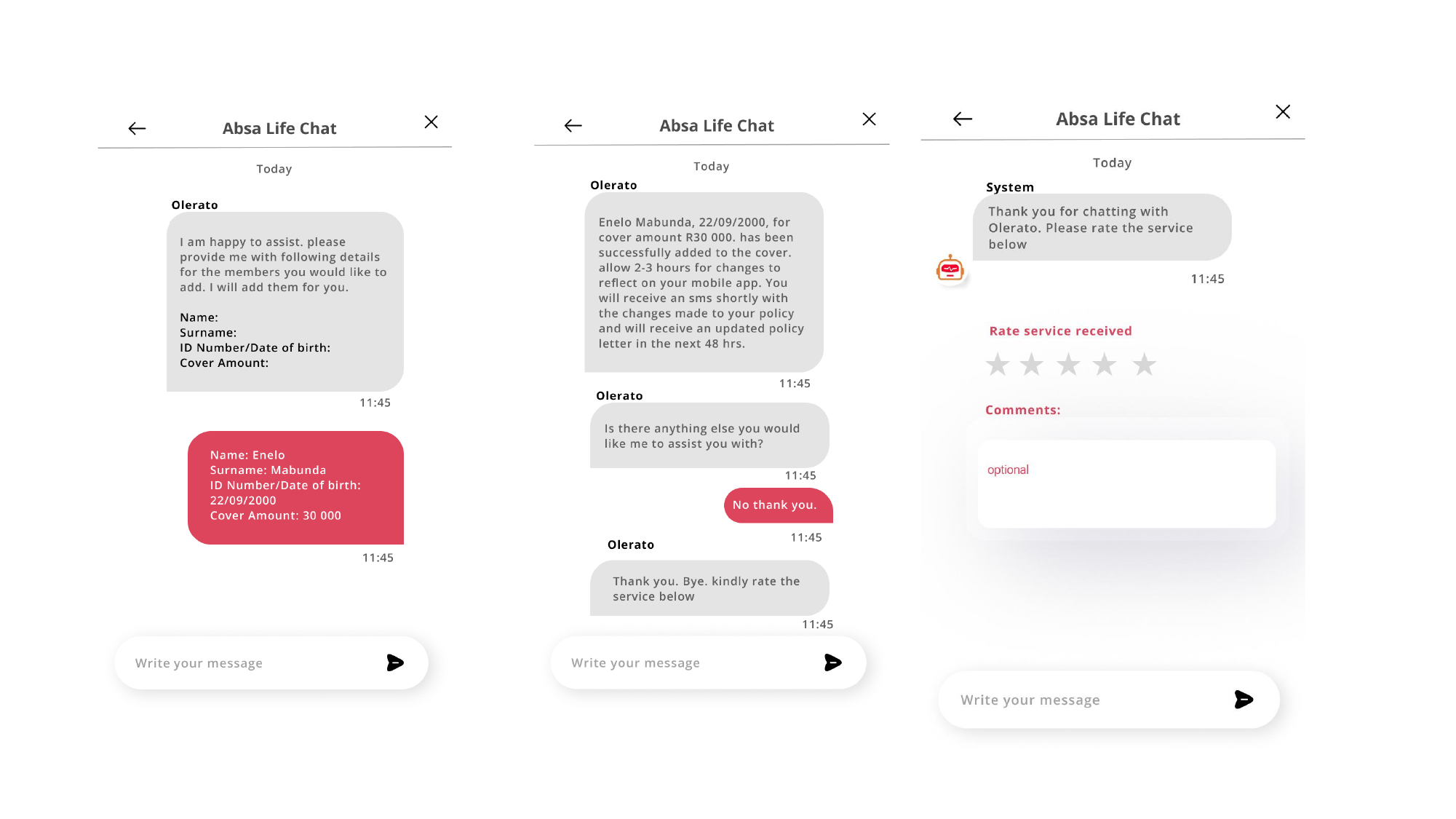 Absa Life Live Chat — Information capture, confirmation, and post-chat rating