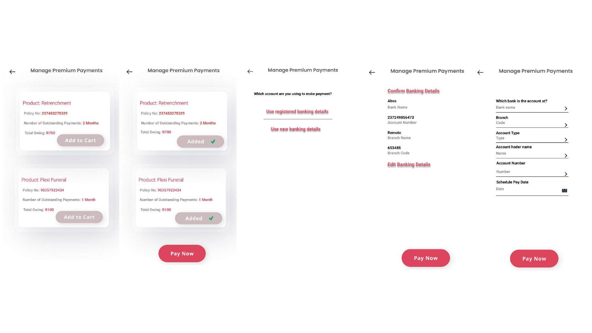 Absa Life Pay Missed Premium — App — Cart, banking detail confirmation, schedule pay