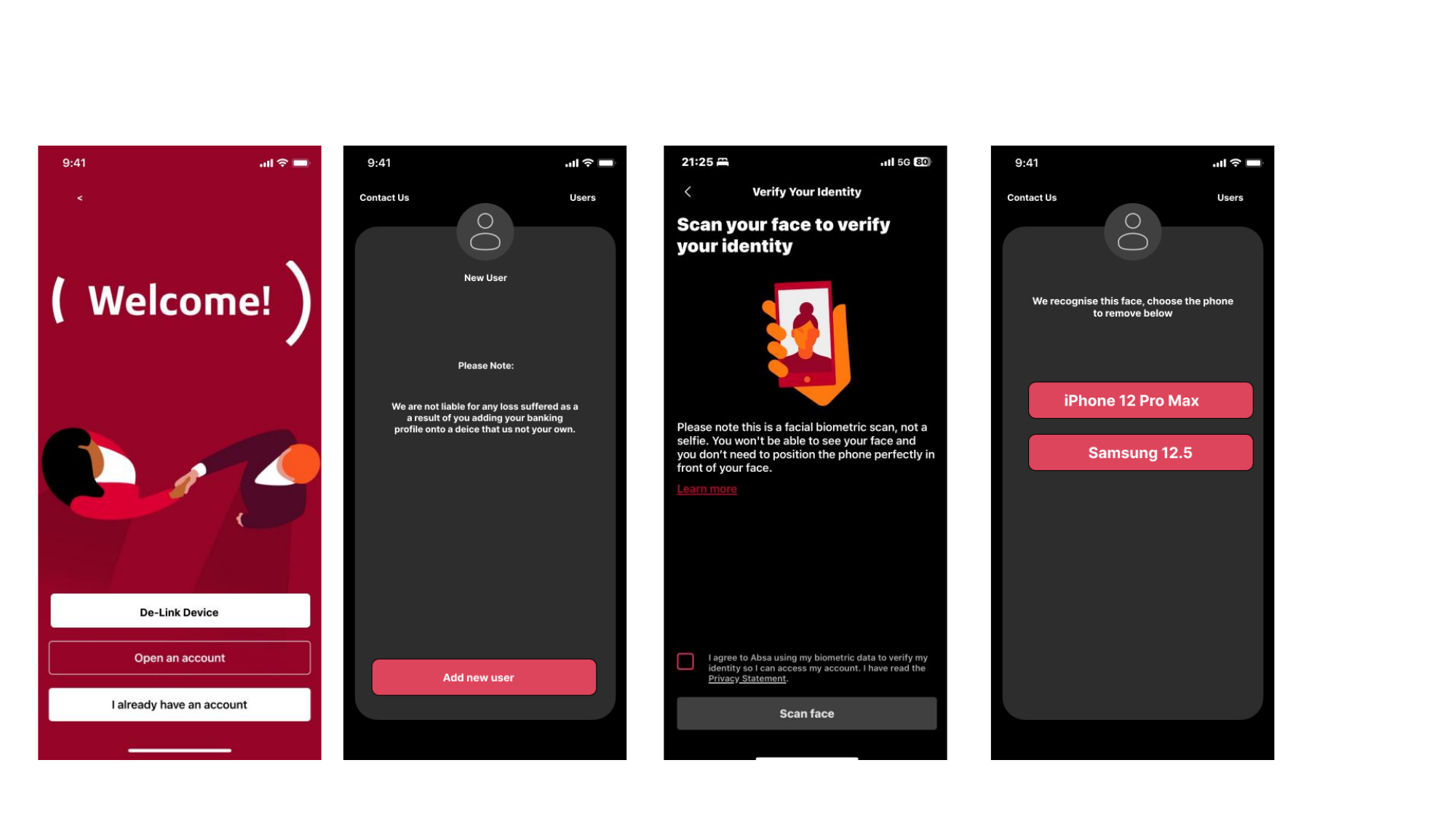 Delink Stolen Mobile Device — App — New-user warning, welcome, biometric scan, device chooser