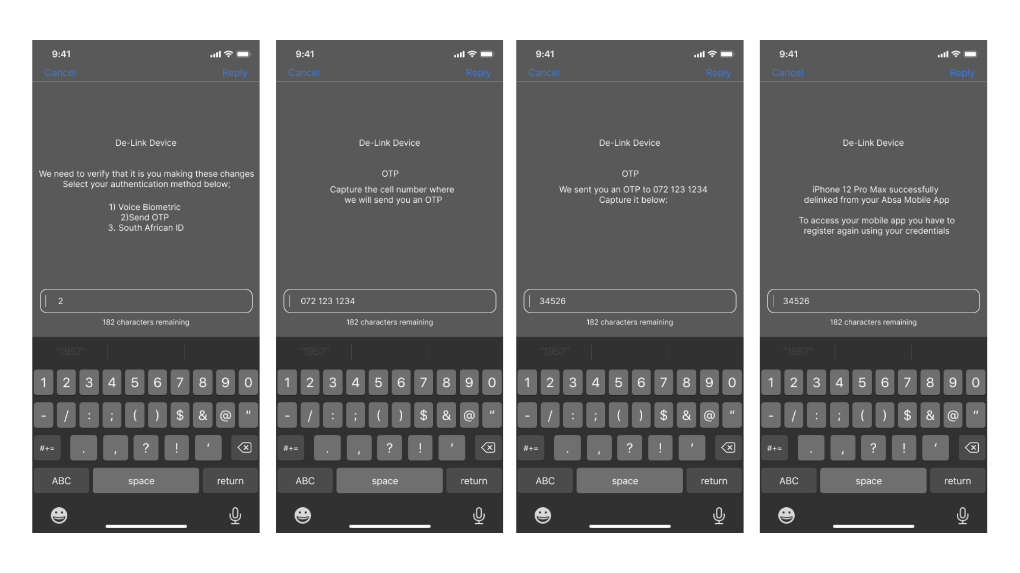 Delink Stolen Mobile Device — USSD — Auth method choice → OTP capture → OTP verify → success